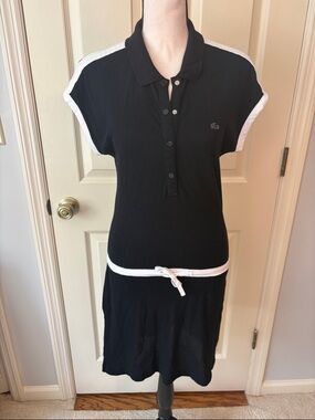LACOSTE Classic Polo Dress Black with White Trim Tie-waist Pockets size S